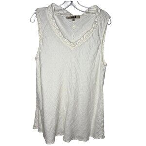Flax Creamy White Sleeveless V-Neck Linen Tunic Top XL Ruffle Accents